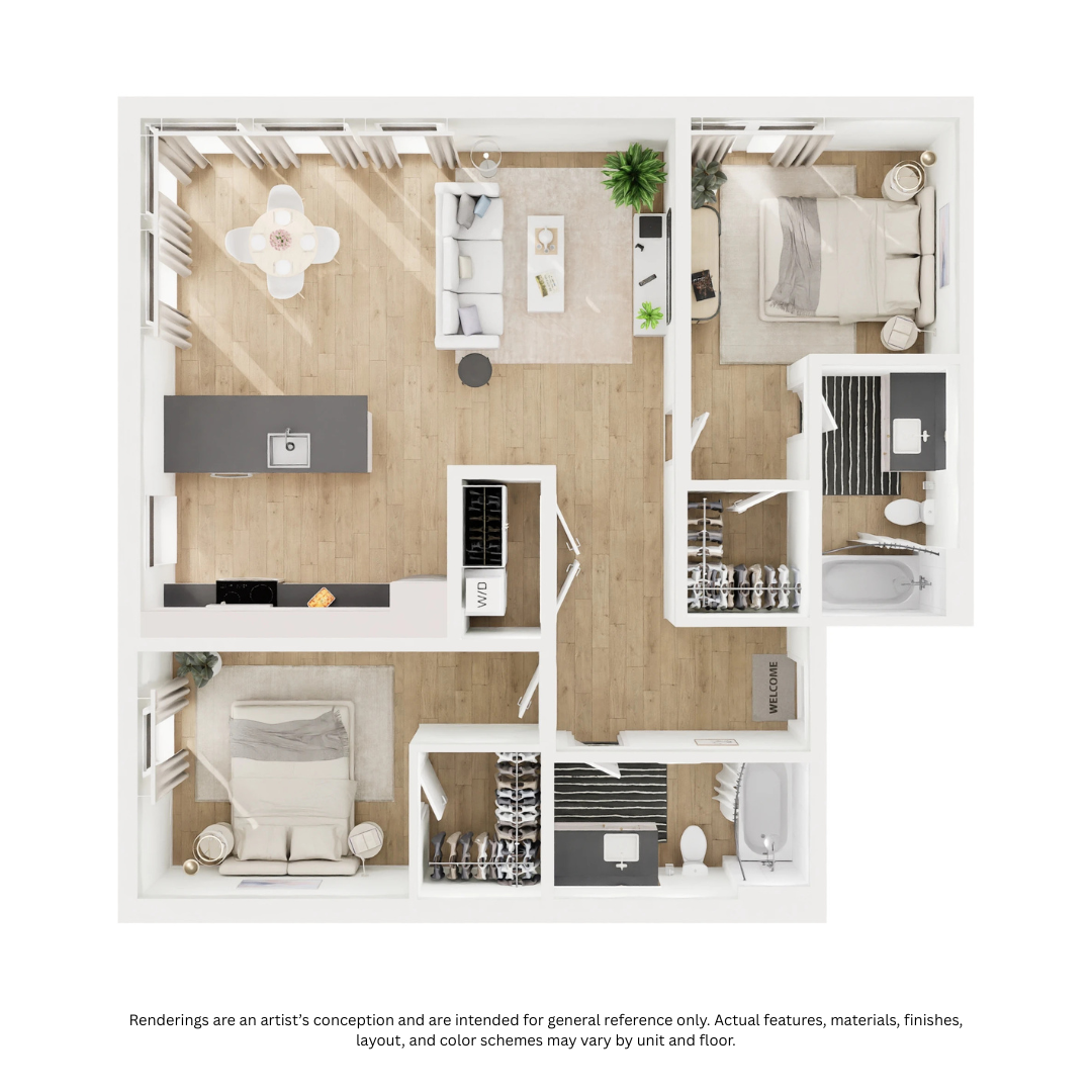 Floor plan for 2 beds, 2 baths, 1037 sqft